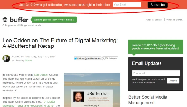 Buffer's blog using Hello Bar